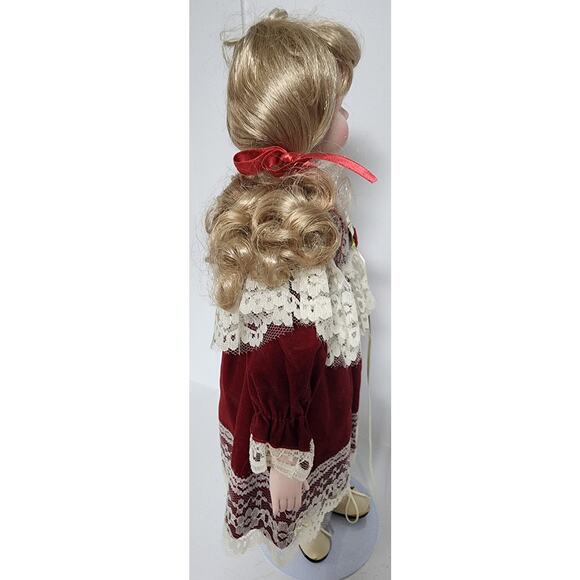 Vintage Tender Hearts Porcelain Doll No. 594 Red Velvet Lace Dress w/ Stand - Picture 6 of 10